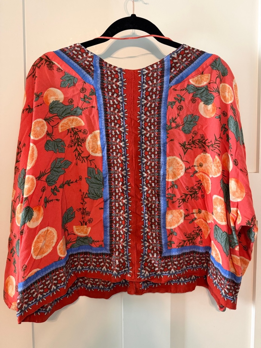 Free People Coral Orange Citrus-Print Boho Button-Front Slightly Cropped Blouse - Picture 5 of 8